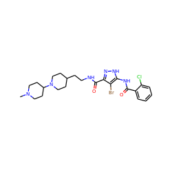 CN1CCC(N2CCC(CCNC(=O)c3n[nH]c(NC(=O)c4ccccc4Cl)c3Br)CC2)CC1 ZINC000028712006