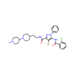 CN1CCC(N2CCC(CCNC(=O)c3nn(-c4ccccc4)c(NC(=O)c4ccccc4Cl)c3Br)CC2)CC1 ZINC000028712007