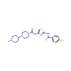 CN1CCC(N2CCN(C(=O)Cc3csc(NC(=O)c4ccc(Cl)cc4)n3)CC2)CC1 ZINC000043062182