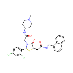 CN1CCC(NC(=O)CN2C(=O)[C@@H](CC(=O)NCc3cccc4ccccc34)S[C@@H]2c2ccc(Cl)cc2Cl)CC1 ZINC000029390970