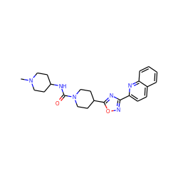 CN1CCC(NC(=O)N2CCC(c3nc(-c4ccc5ccccc5n4)no3)CC2)CC1 ZINC000072179674