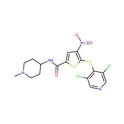 CN1CCC(NC(=O)c2cc([N+](=O)[O-])c(Sc3c(Cl)cncc3Cl)s2)CC1 ZINC000095574885