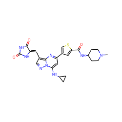 CN1CCC(NC(=O)c2cc(-c3cc(NC4CC4)n4ncc(/C=C5\NC(=O)NC5=O)c4n3)cs2)CC1 ZINC000205042933