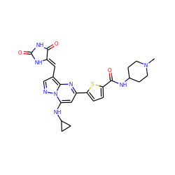 CN1CCC(NC(=O)c2ccc(-c3cc(NC4CC4)n4ncc(/C=C5\NC(=O)NC5=O)c4n3)s2)CC1 ZINC000205042323