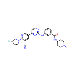 CN1CCC(NC(=O)c2cccc(Nc3nccc(-c4cnc(N5CC[C@H](F)C5)c(C#N)c4)n3)c2)CC1 ZINC000221216451