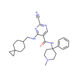 CN1CCC(NC(=O)c2cnc(C#N)nc2NCC2CCC3(CC2)CC3)(c2ccccc2)CC1 ZINC000040848370