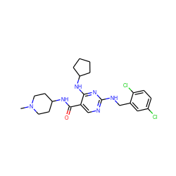 CN1CCC(NC(=O)c2cnc(NCc3cc(Cl)ccc3Cl)nc2NC2CCCC2)CC1 ZINC000095593503