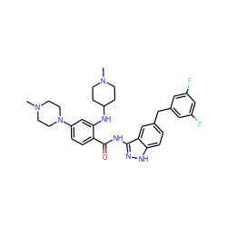 CN1CCC(Nc2cc(N3CCN(C)CC3)ccc2C(=O)Nc2n[nH]c3ccc(Cc4cc(F)cc(F)c4)cc23)CC1 ZINC000148764085