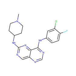 CN1CCC(Nc2ncc3ncnc(Nc4ccc(F)c(Cl)c4)c3n2)CC1 ZINC000001494443