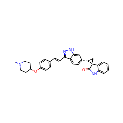 CN1CCC(Oc2ccc(/C=C/c3n[nH]c4cc([C@@H]5C[C@@]56C(=O)Nc5ccccc56)ccc34)cc2)CC1 ZINC000150067446