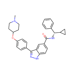 CN1CCC(Oc2ccc(-c3n[nH]c4ccc(C(=O)N[C@H](c5ccccc5)C5CC5)cc34)cc2)CC1 ZINC000146797879