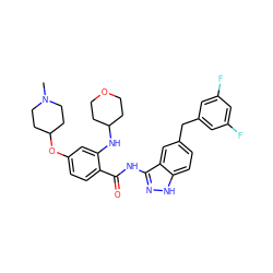 CN1CCC(Oc2ccc(C(=O)Nc3n[nH]c4ccc(Cc5cc(F)cc(F)c5)cc34)c(NC3CCOCC3)c2)CC1 ZINC000200764877