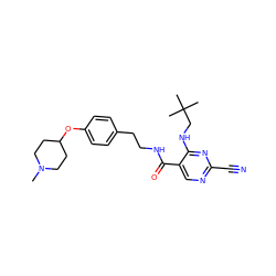 CN1CCC(Oc2ccc(CCNC(=O)c3cnc(C#N)nc3NCC(C)(C)C)cc2)CC1 ZINC000014972106