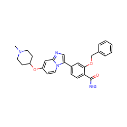 CN1CCC(Oc2ccn3c(-c4ccc(C(N)=O)c(OCc5ccccc5)c4)cnc3c2)CC1 ZINC001772634178