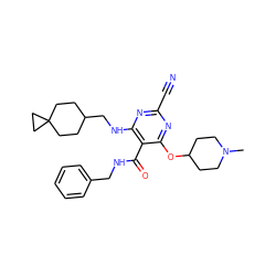 CN1CCC(Oc2nc(C#N)nc(NCC3CCC4(CC3)CC4)c2C(=O)NCc2ccccc2)CC1 ZINC000040393468