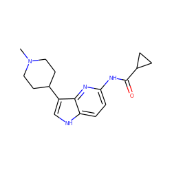 CN1CCC(c2c[nH]c3ccc(NC(=O)C4CC4)nc23)CC1 ZINC000013523738