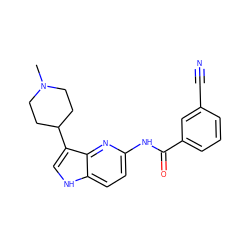 CN1CCC(c2c[nH]c3ccc(NC(=O)c4cccc(C#N)c4)nc23)CC1 ZINC000013523671