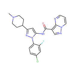 CN1CCC(c2cc(NC(=O)c3cnn4cccnc34)n(-c3ccc(Cl)cc3F)n2)CC1 ZINC000145850027