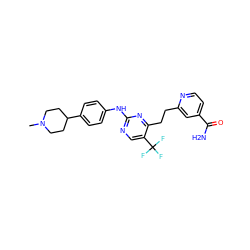 CN1CCC(c2ccc(Nc3ncc(C(F)(F)F)c(CCc4cc(C(N)=O)ccn4)n3)cc2)CC1 ZINC000147791161