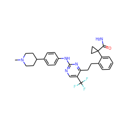 CN1CCC(c2ccc(Nc3ncc(C(F)(F)F)c(CCc4ccccc4C4(C(N)=O)CC4)n3)cc2)CC1 ZINC000211079813