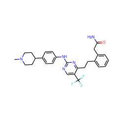 CN1CCC(c2ccc(Nc3ncc(C(F)(F)F)c(CCc4ccccc4CC(N)=O)n3)cc2)CC1 ZINC000207549243