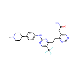 CN1CCC(c2ccc(Nc3ncc(C(F)(F)F)c(CCc4ncncc4CC(N)=O)n3)cc2)CC1 ZINC000201631285