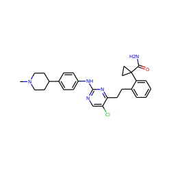 CN1CCC(c2ccc(Nc3ncc(Cl)c(CCc4ccccc4C4(C(N)=O)CC4)n3)cc2)CC1 ZINC000211080036