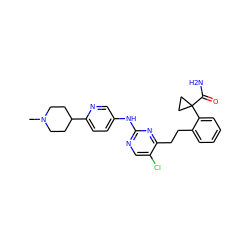 CN1CCC(c2ccc(Nc3ncc(Cl)c(CCc4ccccc4C4(C(N)=O)CC4)n3)cn2)CC1 ZINC000223627551