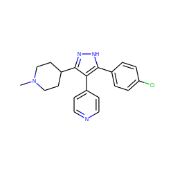 CN1CCC(c2n[nH]c(-c3ccc(Cl)cc3)c2-c2ccncc2)CC1 ZINC000049112958