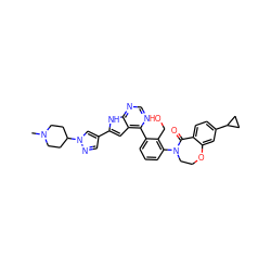 CN1CCC(n2cc(-c3cc4c(-c5cccc(N6CCOc7cc(C8CC8)ccc7C6=O)c5CO)ncnc4[nH]3)cn2)CC1 ZINC000224762786