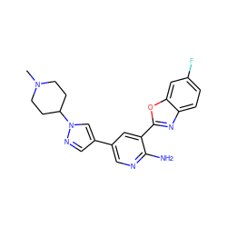 CN1CCC(n2cc(-c3cnc(N)c(-c4nc5ccc(F)cc5o4)c3)cn2)CC1 ZINC000084731744