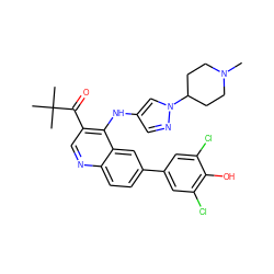 CN1CCC(n2cc(Nc3c(C(=O)C(C)(C)C)cnc4ccc(-c5cc(Cl)c(O)c(Cl)c5)cc34)cn2)CC1 ZINC000219370495