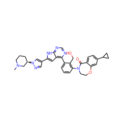 CN1CCC[C@@H](n2cc(-c3cc4c(-c5cccc(N6CCOc7cc(C8CC8)ccc7C6=O)c5CO)ncnc4[nH]3)cn2)C1 ZINC000224760624