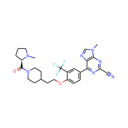 CN1CCC[C@@H]1C(=O)N1CCC(CCOc2ccc(-c3nc(C#N)nc4c3ncn4C)cc2C(F)(F)F)CC1 ZINC001772628561