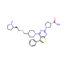 CN1CCC[C@@H]1CCOCC1CCN(c2nc(N3CC[C@H](C(N)=O)C3)nc3scc(-c4ccccc4)c23)CC1 ZINC000146367607