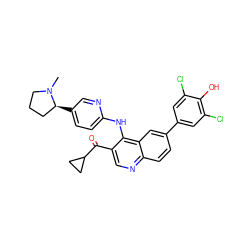 CN1CCC[C@@H]1c1ccc(Nc2c(C(=O)C3CC3)cnc3ccc(-c4cc(Cl)c(O)c(Cl)c4)cc23)nc1 ZINC000219357339