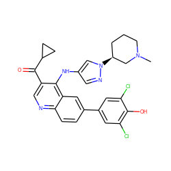 CN1CCC[C@H](n2cc(Nc3c(C(=O)C4CC4)cnc4ccc(-c5cc(Cl)c(O)c(Cl)c5)cc34)cn2)C1 ZINC000114037602