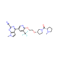 CN1CCC[C@H]1C(=O)N1CC[C@H](OCCOc2ncc(-c3nc(C#N)nc4c3ccn4C)cc2C(F)(F)F)C1 ZINC001772596033