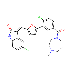 CN1CCCN(C(=O)c2ccc(Cl)c(-c3ccc(/C=C4/C(=O)Nc5ccc(Cl)cc54)o3)c2)CC1 ZINC000084709257