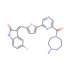 CN1CCCN(C(=O)c2cncc(-c3ccc(/C=C4/C(=O)Nc5ccc(Cl)cc54)o3)n2)CC1 ZINC000084708210