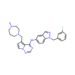 CN1CCCN(Cc2ccn3ncnc(Nc4ccc5c(cnn5Cc5cccc(F)c5)c4)c23)CC1 ZINC000028817170