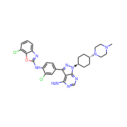 CN1CCN([C@H]2CC[C@H](n3nc(-c4ccc(Nc5nc6cccc(Cl)c6o5)c(Cl)c4)c4c(N)ncnc43)CC2)CC1 ZINC000253921137