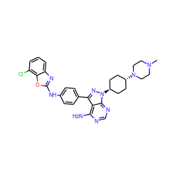 CN1CCN([C@H]2CC[C@H](n3nc(-c4ccc(Nc5nc6cccc(Cl)c6o5)cc4)c4c(N)ncnc43)CC2)CC1 ZINC000101367501