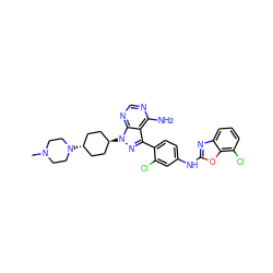 CN1CCN([C@H]2CC[C@H](n3nc(-c4ccc(Nc5nc6cccc(Cl)c6o5)cc4Cl)c4c(N)ncnc43)CC2)CC1 ZINC000253920746