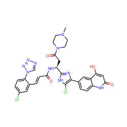 CN1CCN(C(=O)C[C@H](NC(=O)/C=C/c2cc(Cl)ccc2-n2cnnn2)c2nc(-c3ccc4[nH]c(=O)cc(O)c4c3)c(Cl)[nH]2)CC1 ZINC000217356091