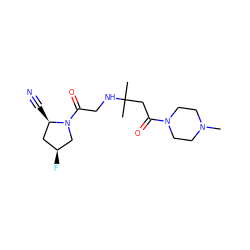 CN1CCN(C(=O)CC(C)(C)NCC(=O)N2C[C@@H](F)C[C@H]2C#N)CC1 ZINC000049047577