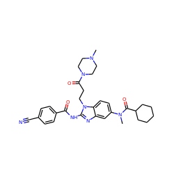 CN1CCN(C(=O)CCn2c(NC(=O)c3ccc(C#N)cc3)nc3cc(N(C)C(=O)C4CCCCC4)ccc32)CC1 ZINC000044306429