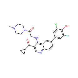 CN1CCN(C(=O)CNc2c(C(=O)C3CC3)cnc3ccc(-c4cc(F)c(O)c(Cl)c4)cc23)CC1 ZINC000219380824