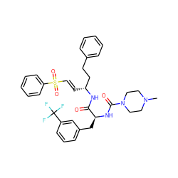 CN1CCN(C(=O)N[C@@H](Cc2cccc(C(F)(F)F)c2)C(=O)N[C@H](/C=C/S(=O)(=O)c2ccccc2)CCc2ccccc2)CC1 ZINC000029038477