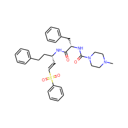 CN1CCN(C(=O)N[C@@H](Cc2ccccc2)C(=O)N[C@H](/C=C/S(=O)(=O)c2ccccc2)CCc2ccccc2)CC1 ZINC000055865535